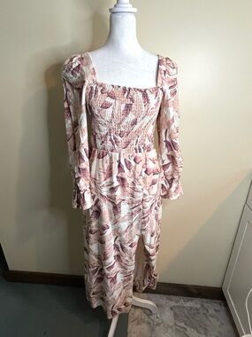 House of Harlow 1960 Smocked Midi Dress in Blush Leaf Print NWT